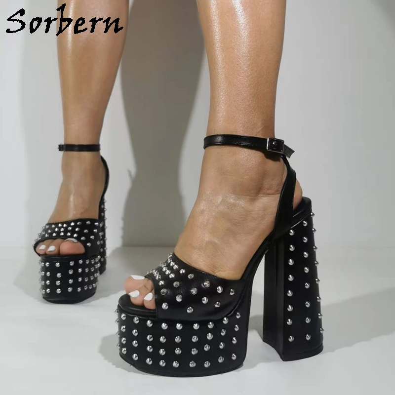 

Sorbern Black Matt Studs Sparking Sandal Women Block High Heel Slingback Thin Ankle Straps Cross Back Multi Colors Size Up To 48