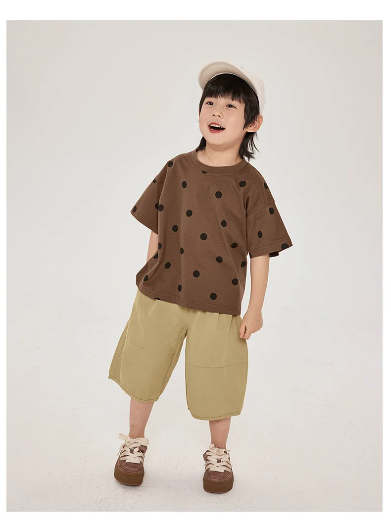 Kaus anak bayi laki-laki lengan pendek, Kaus anak atasan setengah Lengan Polka Dot Vintage musim panas