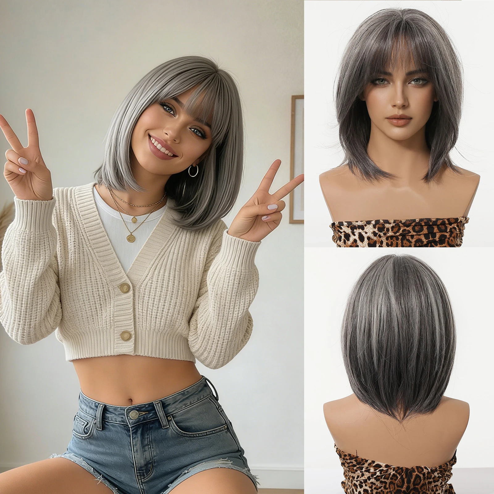 Gray Gighlight Synthetic Wigs With Bangs Short Straight Wig For Women Daily Party Natural Looking Heat Resistant Fiber Fake Hair