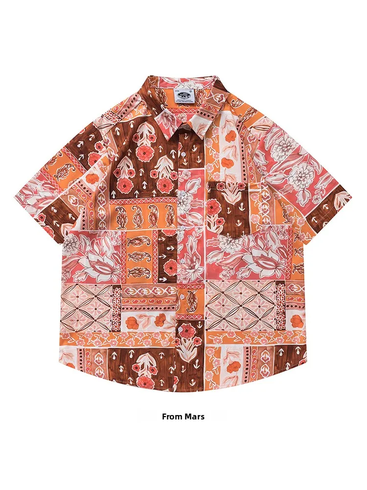 

Retro Beach irt Casual Loose ort Sve Turn-down Collar Couple's Floral Clothing Summer Youth Trend from