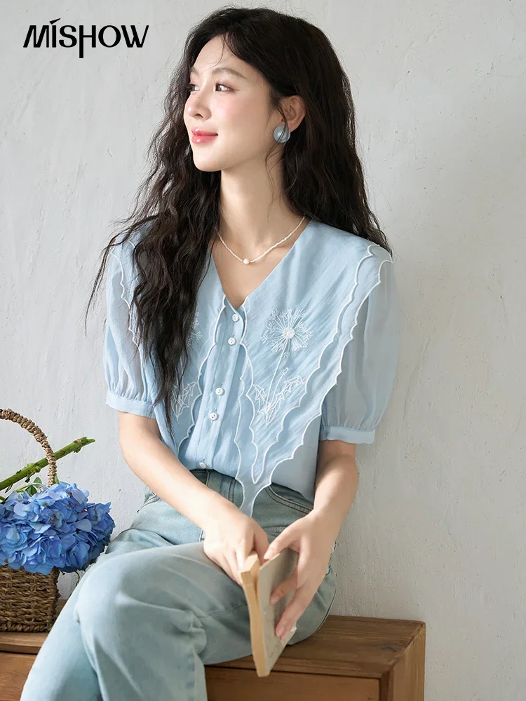 MISHOW【Taraxacum Series】Women's Shirt 2023 Summer Double Layer Doll Collar Embroidery Puff Sleeve with Straps Shirt MXC39X0100