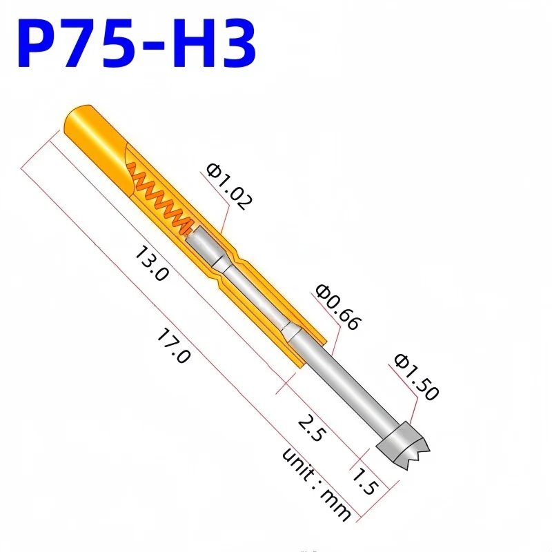 20/100PCS Spring Test Probe P75-H3 Test Pin Copper Nickel Plated Electroni Spring Test Pin Head Dia 1.50mm P75-H Pogo Pin 1.02mm