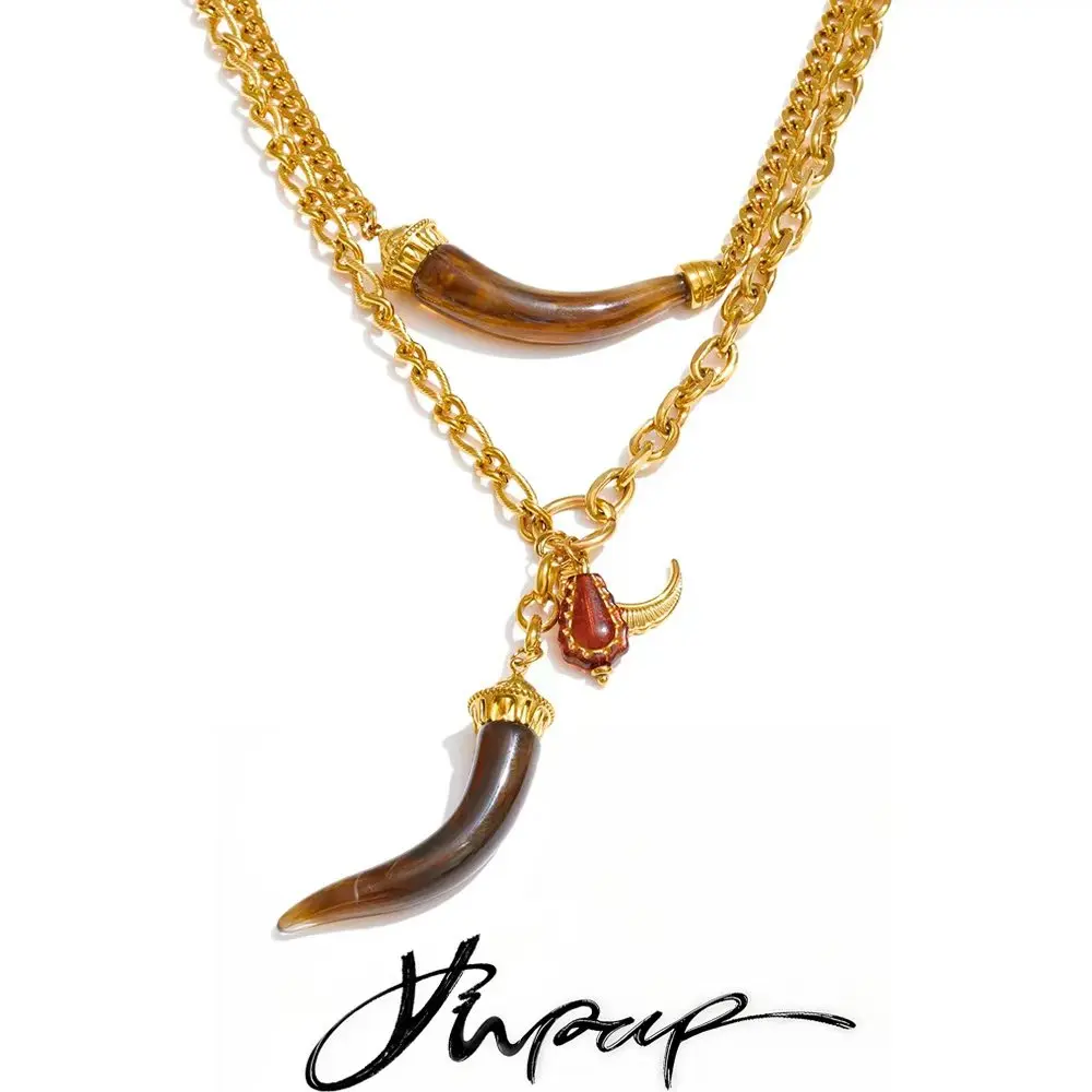 Yhpup New Arrival Stainless Steel Double-Layer Resin Horn Pendant Necklace 18K Golden PVD Plated Waterproof Charm Jewelry Gift