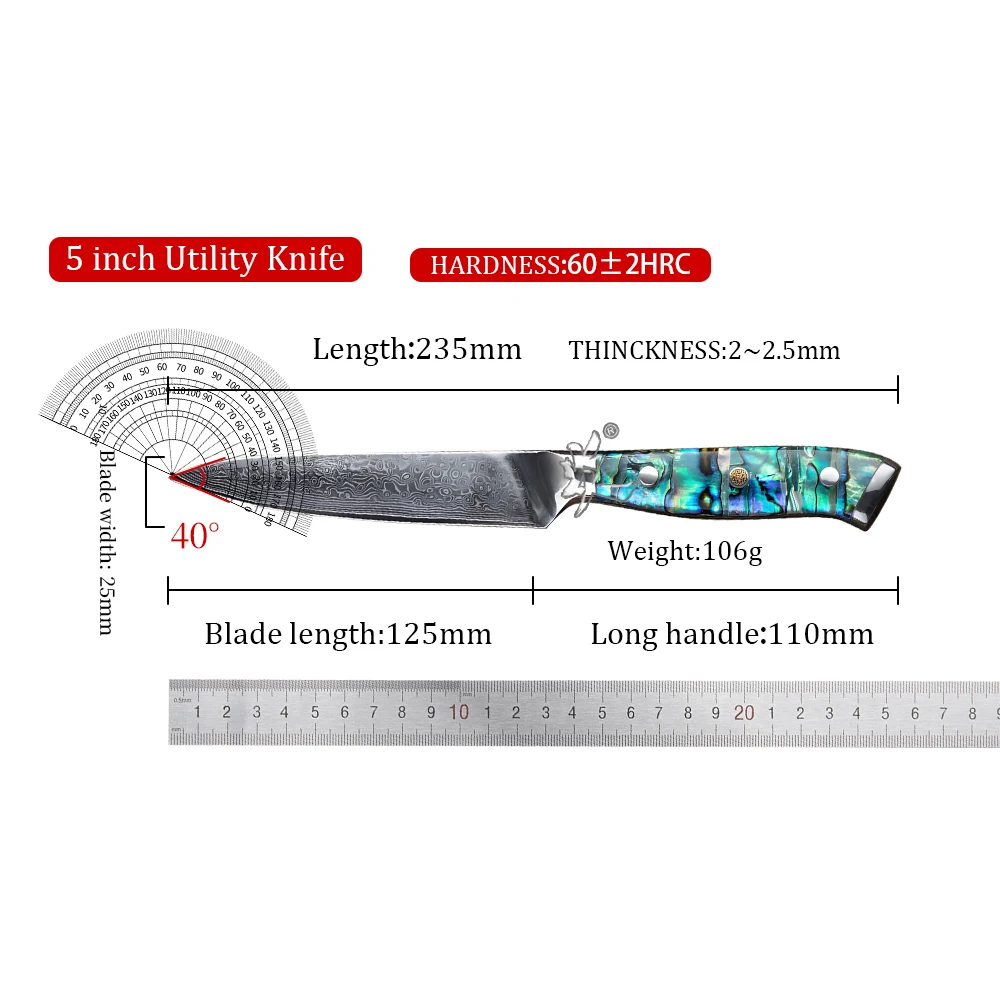YAN Professional Japanese Damascus 5 Inch Utility Knife 67 Layers VG10 Steel Sharp Kitchen Knife with Abalone Shell Handle