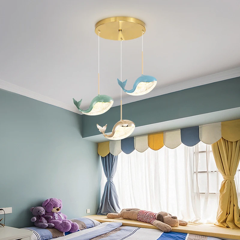 Children\'s Room Dolphin Bedroom Bedside Golden Chandelier Long Line Modern Light Luxury Living Room Small Pendant Lamp Fixtures