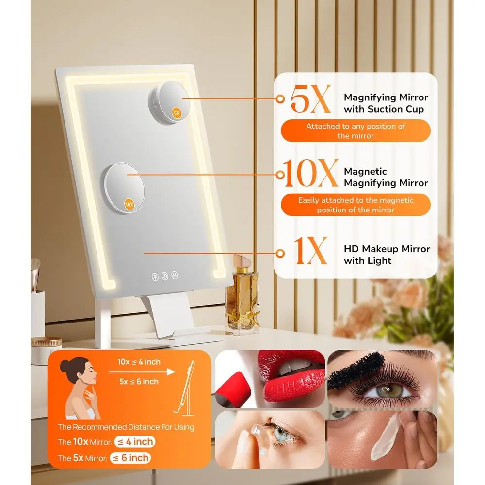 مرآة زينة LED بقدرة 4000 مللي أمبير في الساعة على طراز هوليوود، تكبير 5X/10X، ضوء 3 ألوان، تحكم باللمس، حامل هاتف، مرآة غرفة نوم 11 × 16.8 #3