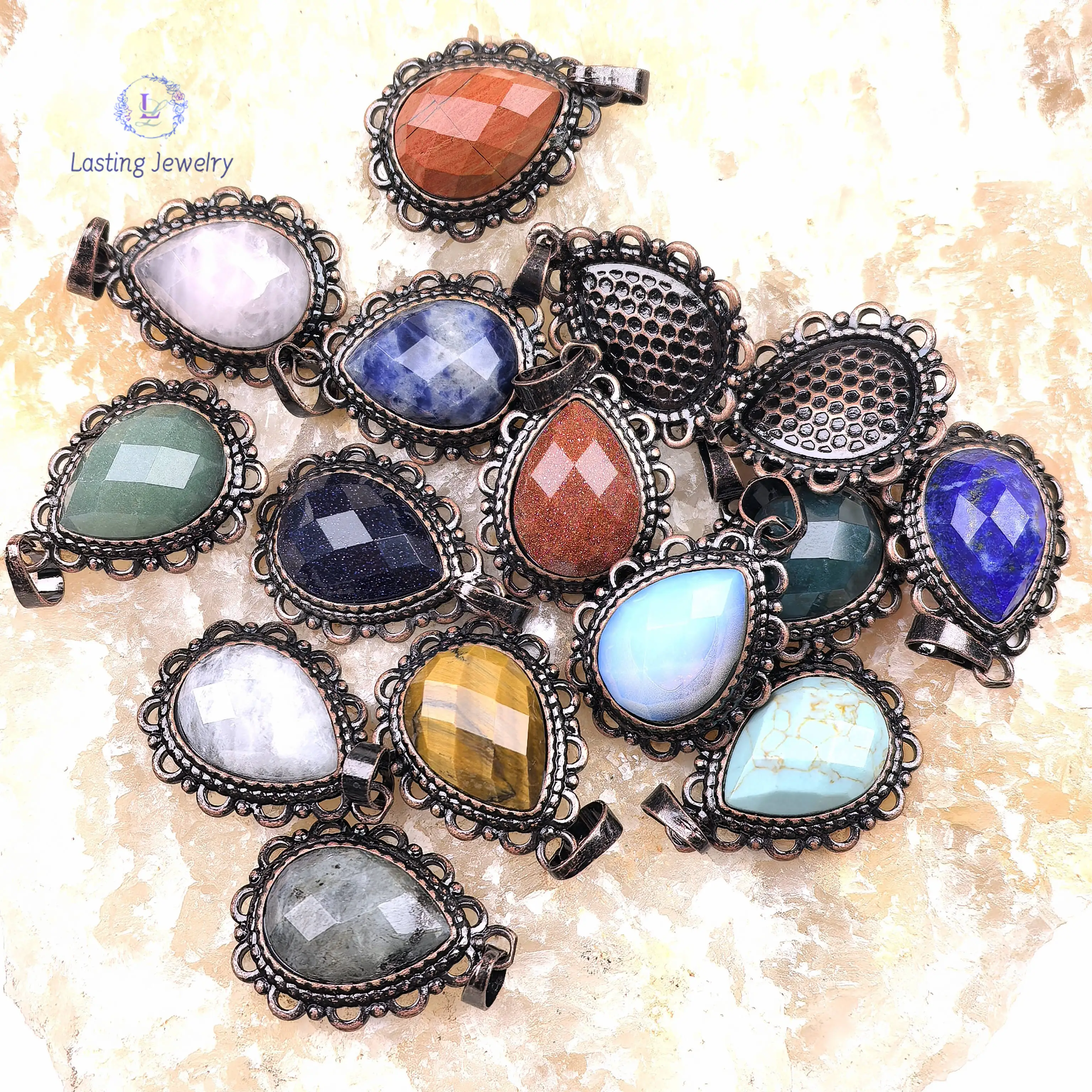 Antique Cooper Teardrop Pendants,Faceted Gemstone Cabochon Healing Crystal Aventurine Rose Quartz Charms Necklace Jewelry Making
