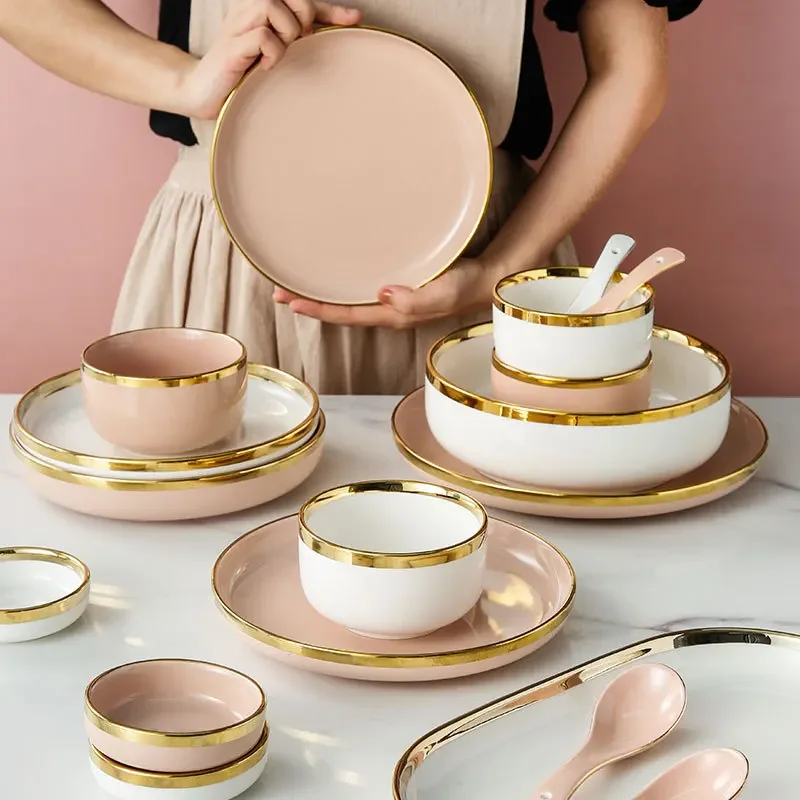 Bright White And Pink With Gold Porcelain Plates Kitchen Dinner Plate Set Ceramics Food Dishes Salad Noodles Bowl