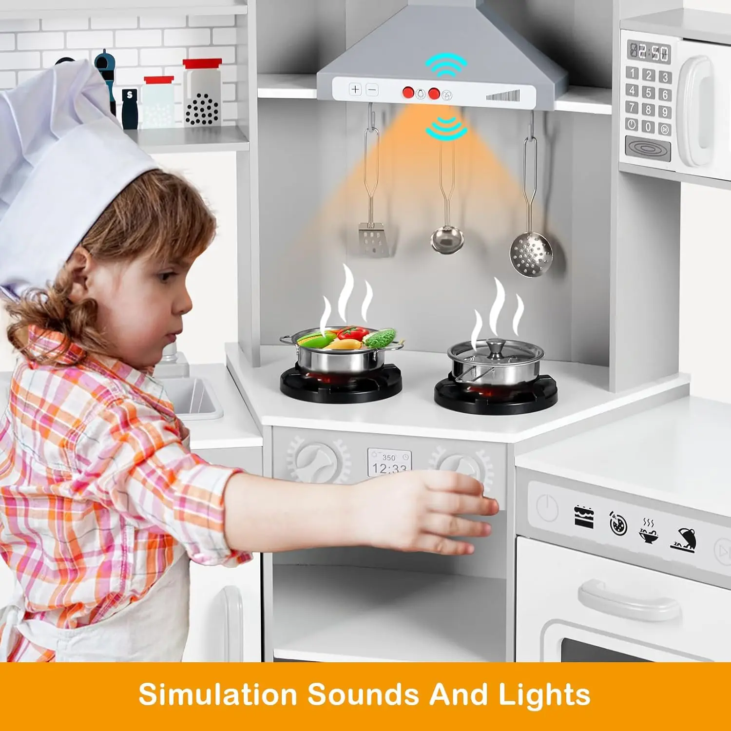 Kids Play Kitchen,Corner Wooden Pretend Toddler Kitchen Toys Playset, Realistic Lights & Sounds,Microwave Oven,Water Dispenser,