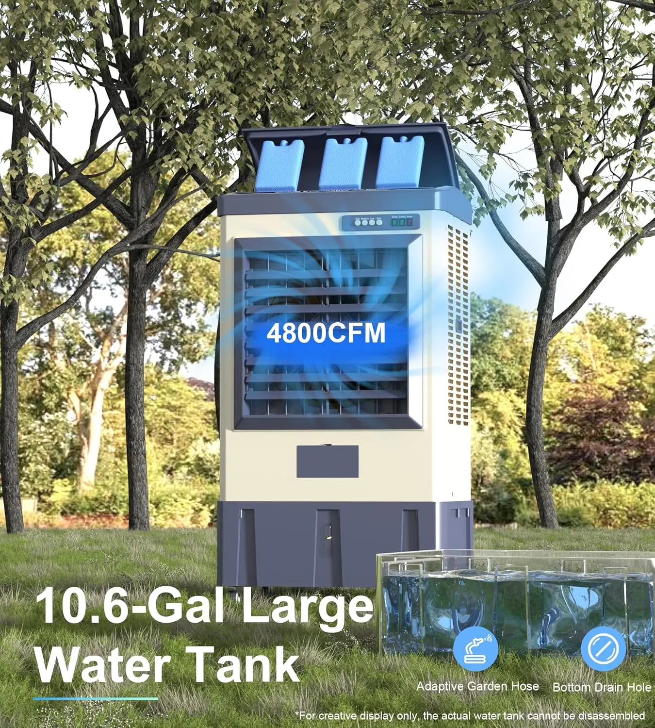 مبرد مستنقع مقاس 41 بوصة، 3 سرعات، 120 °   أرجوحة، خزان مياه سعة 10.6 جالون، 3 عبوات ثلج، مبرد هواء تبخيري خارجي للفناء والساحة