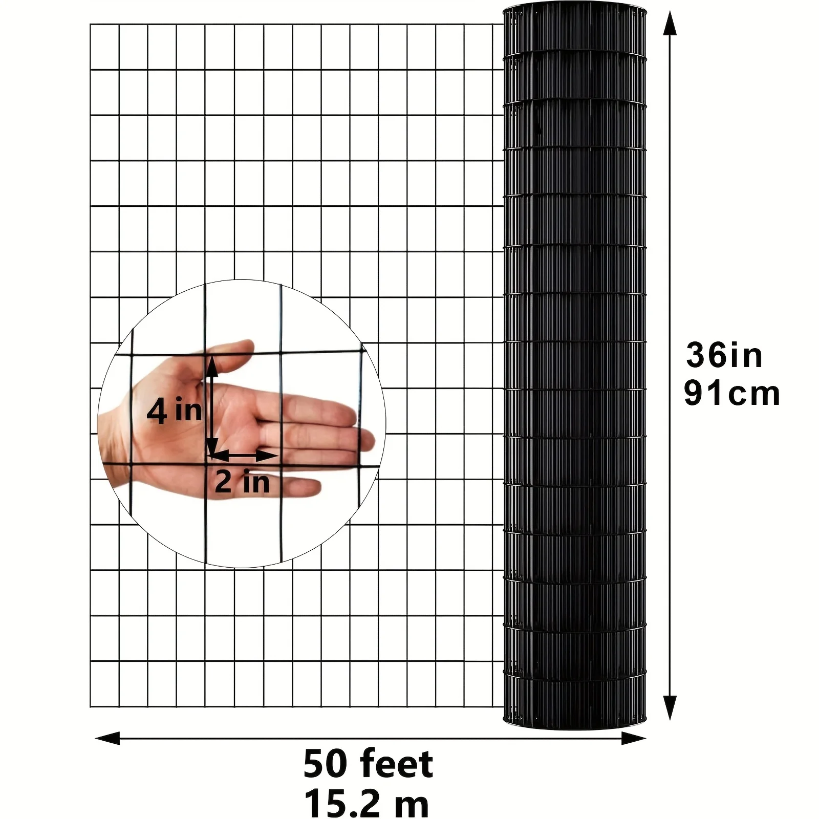 Black PVC Coated Welded Wire Fence 36 Inch X 50 Foot, 2 Inch X 4 Inch 14GA, Garden Border Fencing Roll Vinyl Coating Metal