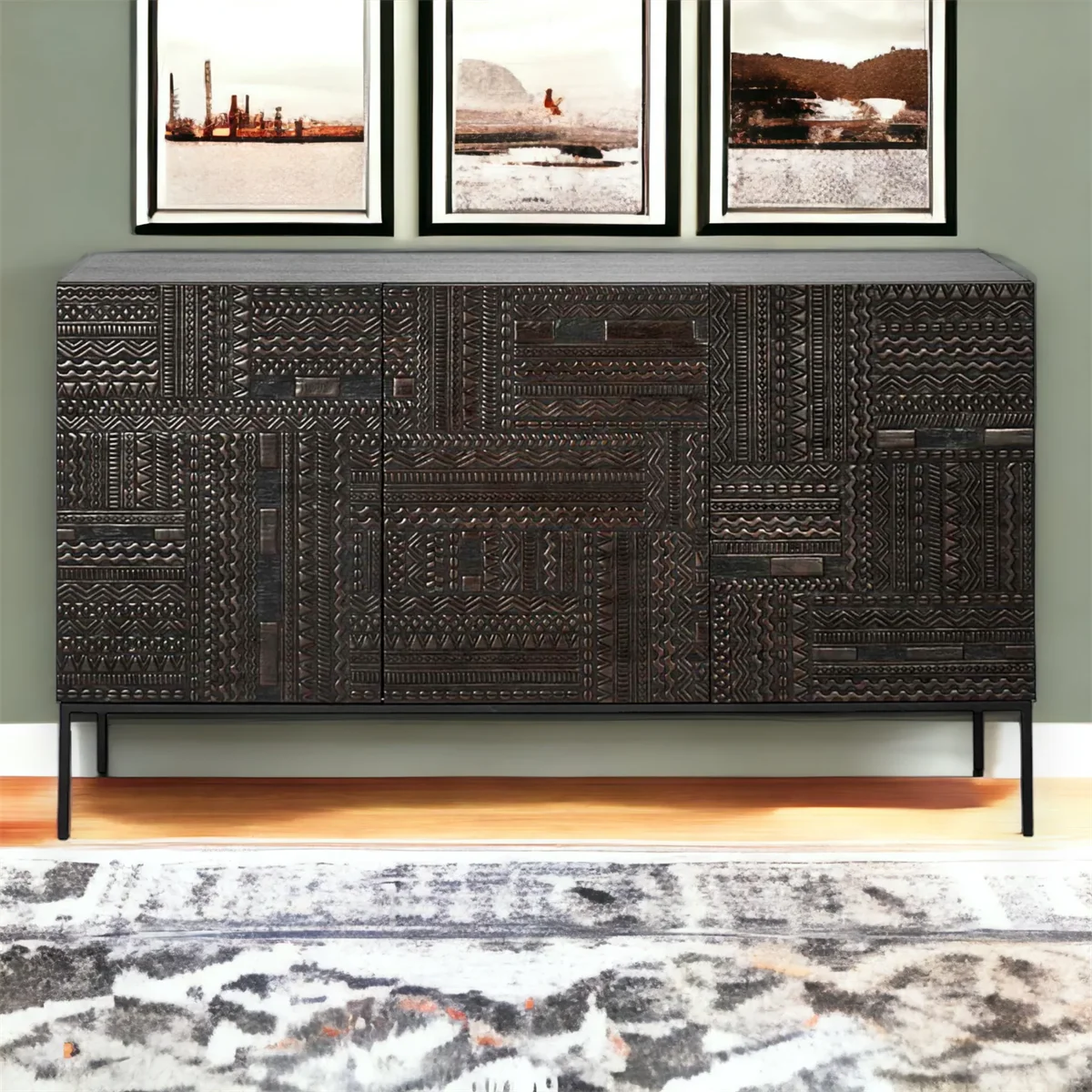Z DU'S Modern Solid Wood Cabinet With Three Doors And Elegant Decorations, Supported By Four Legs.Z
