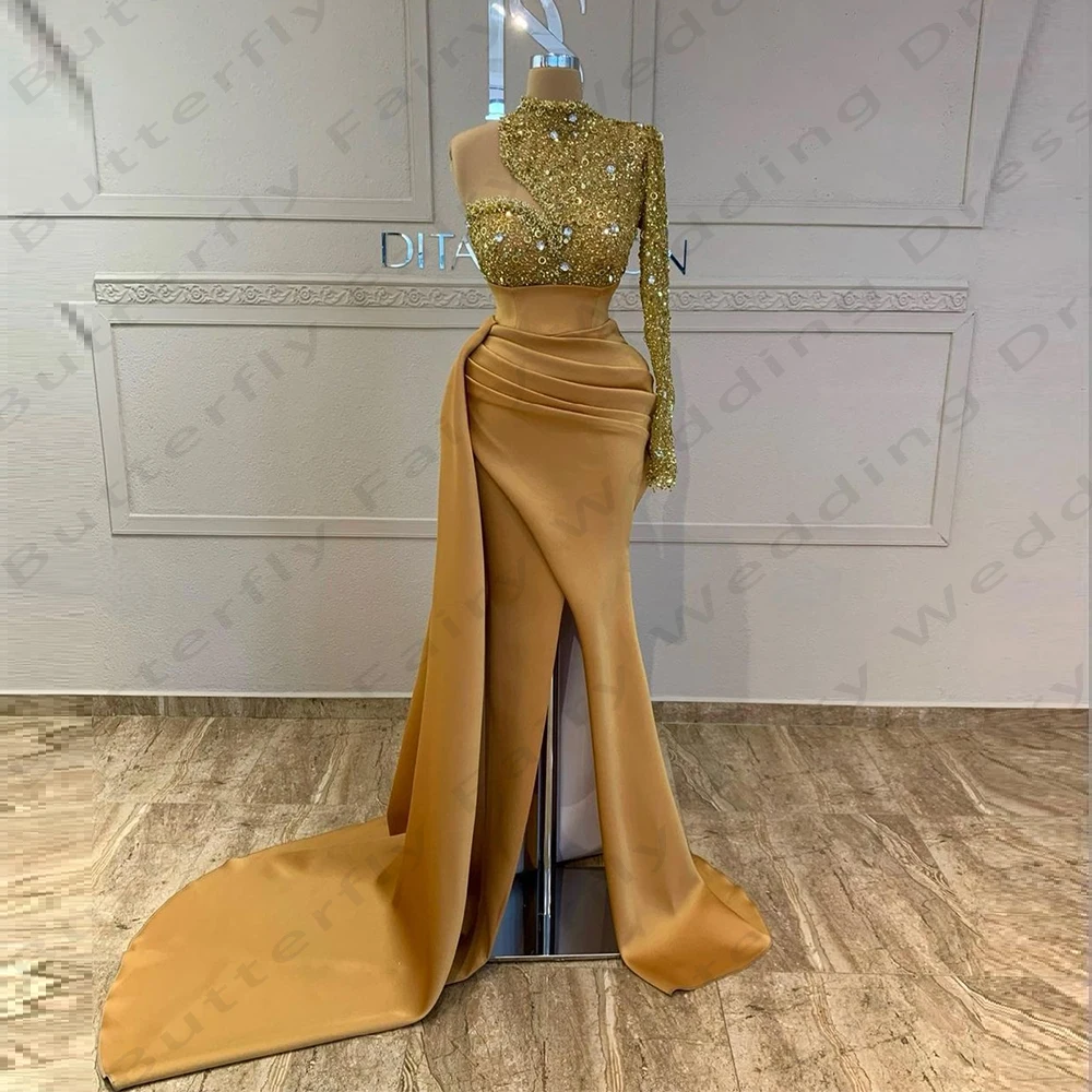 Gorgeous Women's Mermaid Single Shoulder Sleeve Evening Dresses Sexy Side High Slit Princess Prom Gowns Formal Fashion Party De