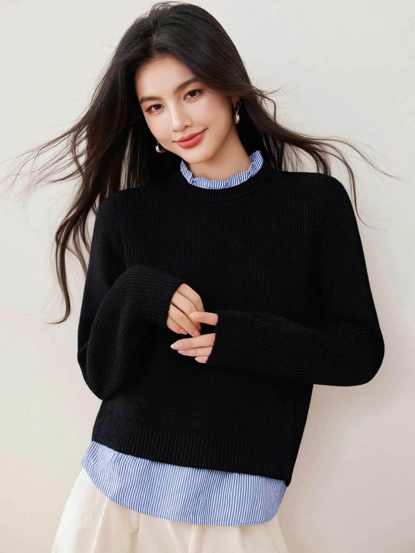 

Свободный крой, мягкий вязаный свитер с цветными блоками, женский осенне-зимний вязаный свитер из двух предметов с воротником-стойкой, пуловеры, топ F578