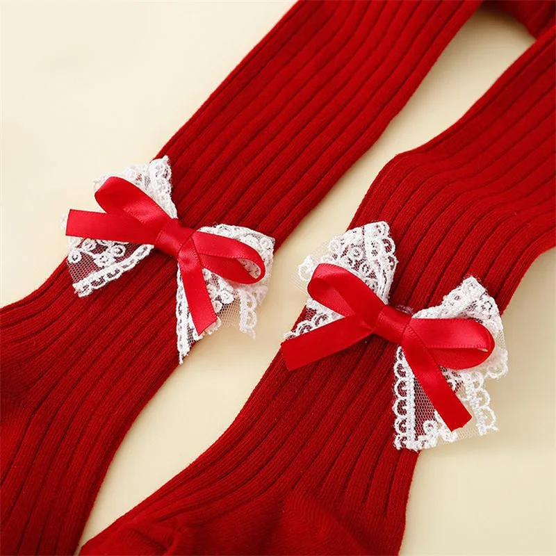 Girls Autumn Christmas Red Knitted Leggings for Children Christmas Red Elastic Band With Bow Decoration Tight Pants  Pantyhose