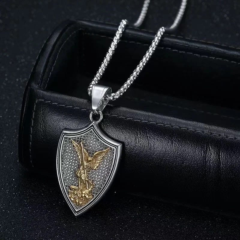 New Retro Accessories Stainless Steel Gold-Plated St. Michael the Archangel Shield Pendant Necklace