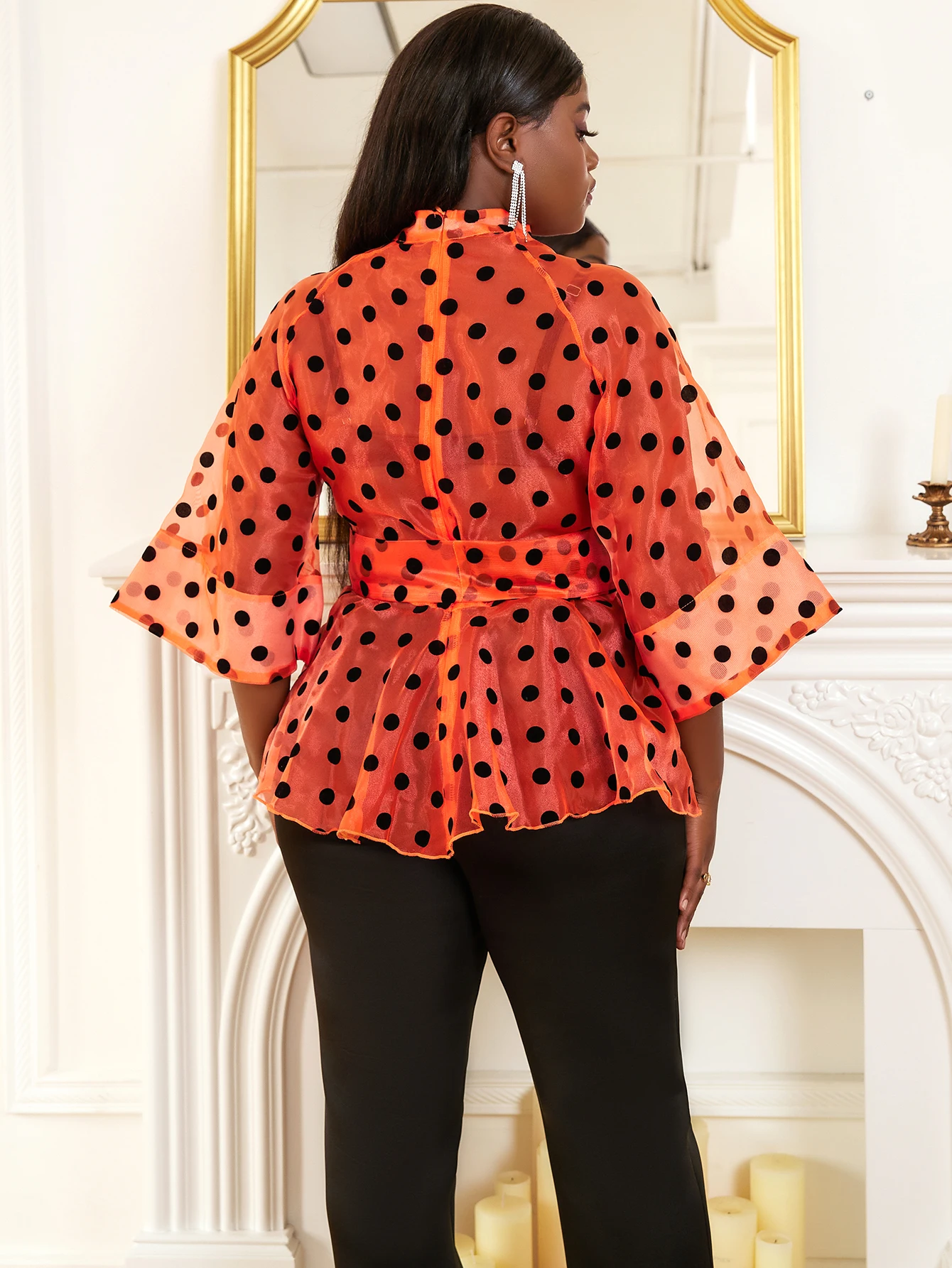 Women Orange Blouse Polka Dot See Through Top Peplum Half Flared Sleeves Waist Belt Summer Fall Loose Casual Female Clothes New