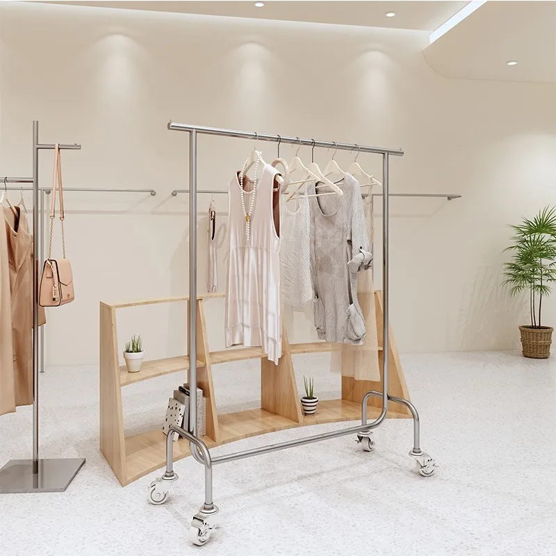 

Kainice Wholesale Shop Fittings Stainless Steel Shelves Garment Hanger Rack for Commercial Clothes Shop Display Stand with Wheel