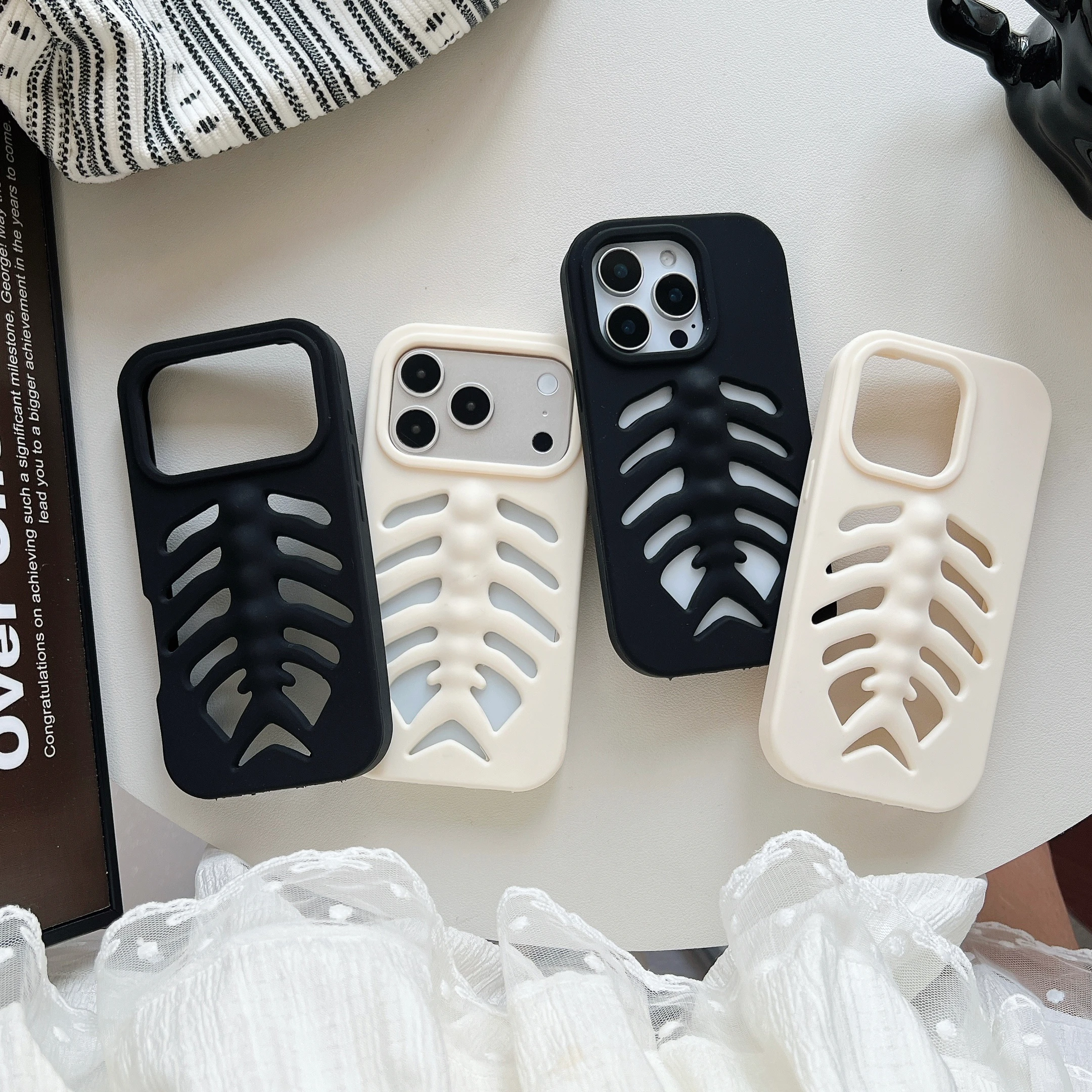 

3D Hollow Skeleton Ribs Phone Case For iPhone 17 16 15 14 13 12 Pro Max Cute Hollow Out Fish Bone Silicone Soft Cover Shockproof