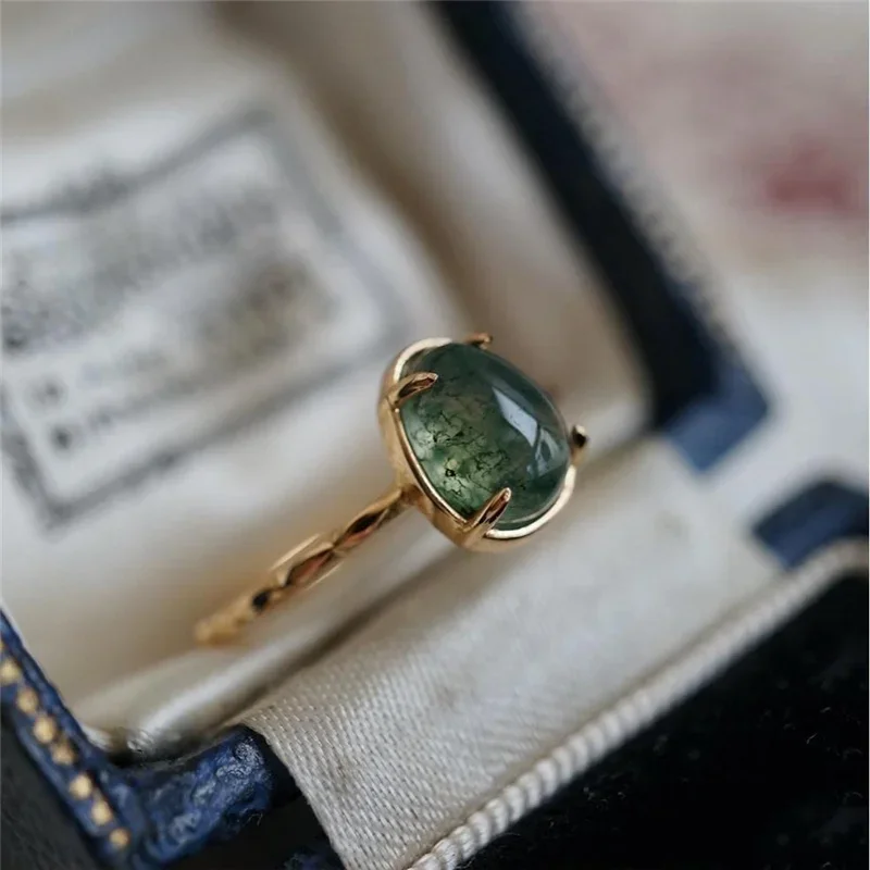 Natural ocean Chalcedony Seaweed Green Water Droplet Rings Women Temperament Exquisite 2023 New Custom Jewelry