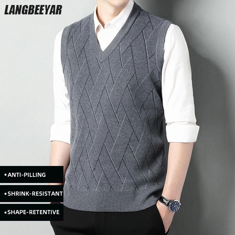 

Top Grade New Autum Winter Fashion Brand Knit Pullover V Neck Sleeveless Woolen Sweater Vest Mens Casual Men Clothes