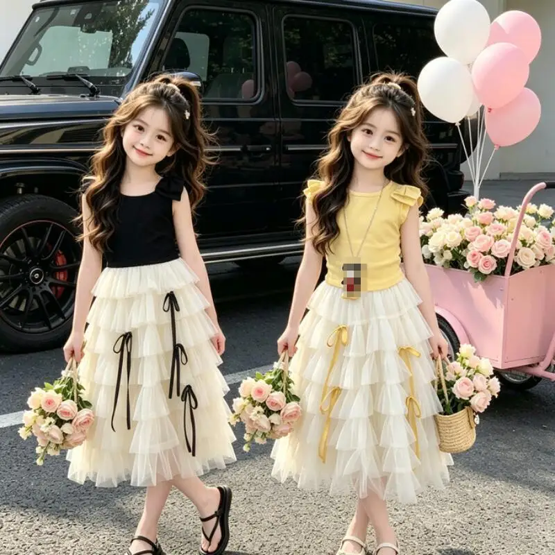 

Girls Bow T-Shirt Mesh Cake Skirt Suit Girls Slim Short Sleeve Princess Skirt Student Summer New Fashion Sweet Two-Piece Set
