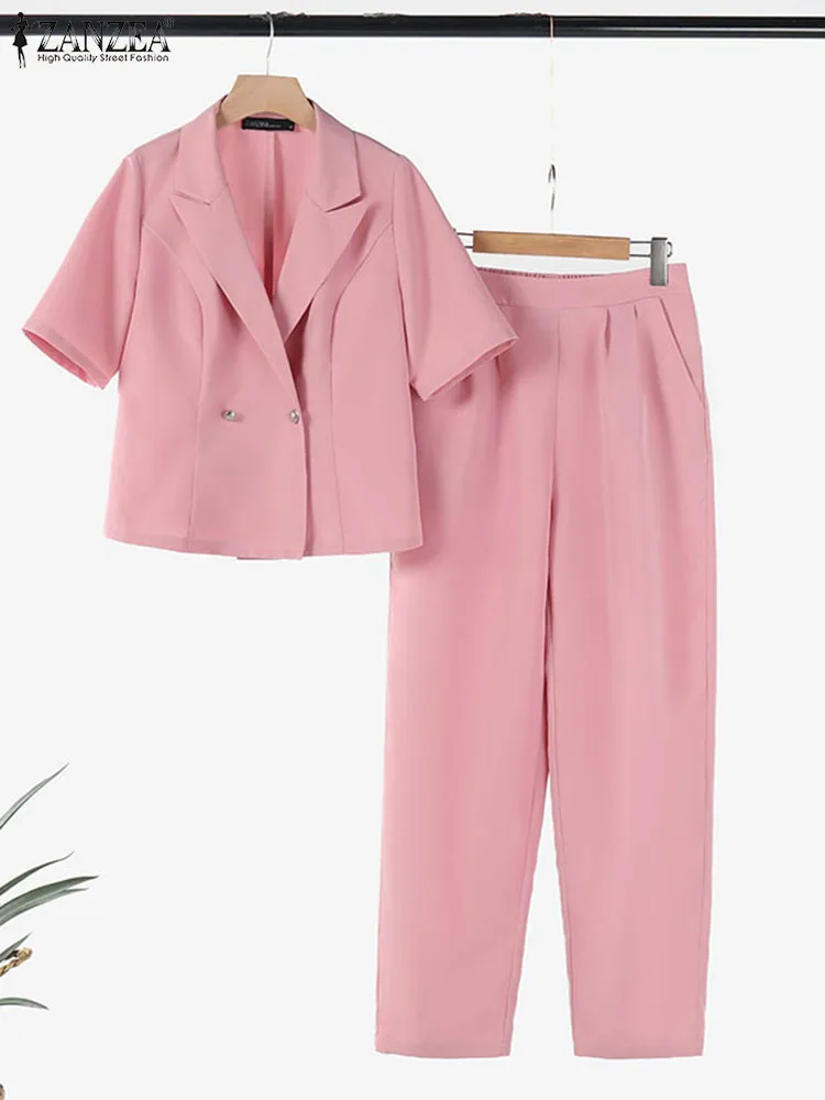 2pcs Women Outfits Summer OL Work Pant Sets 2024 ZANZEA Elegant Short Sleeve Shirt Trousers Suit Tracksuits Solid Matching Sets