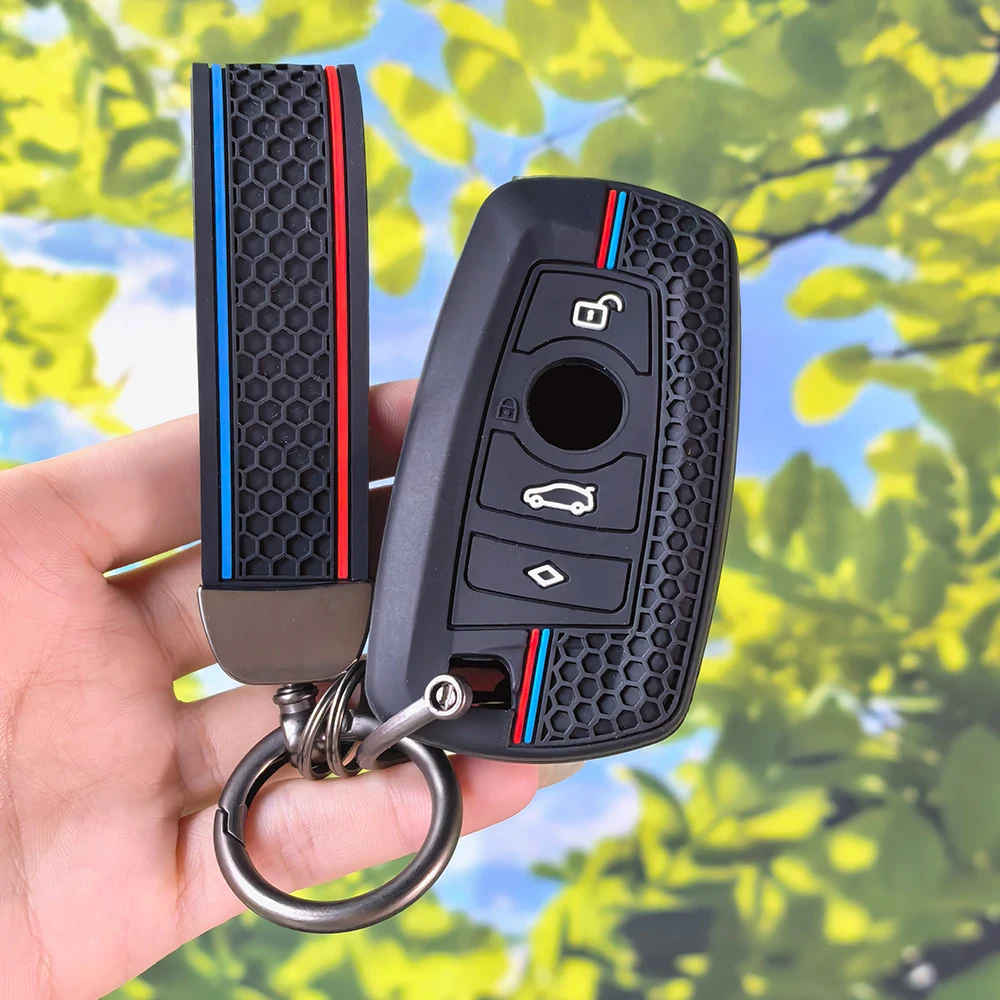 Tri‑Color Stripe Silicone Key Shell with Keychain for BMW 1 2 3 4 5 6 7 Series M3 M4 M5 X1 X3 X4 X5 X6 F30 F10 F20 G30 F15 F16