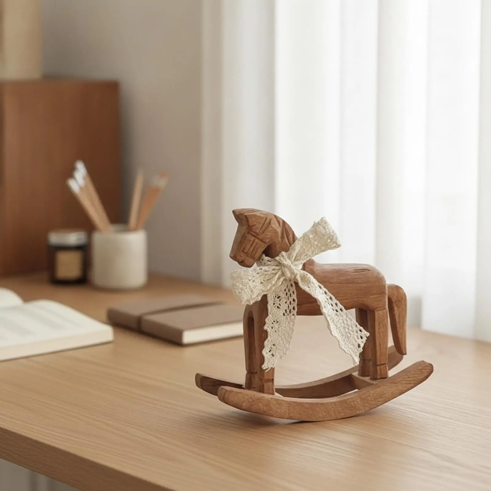 Rocking Horse Ornament with Ribbon Vintage Wooden Rocking Horse Carved Decor for