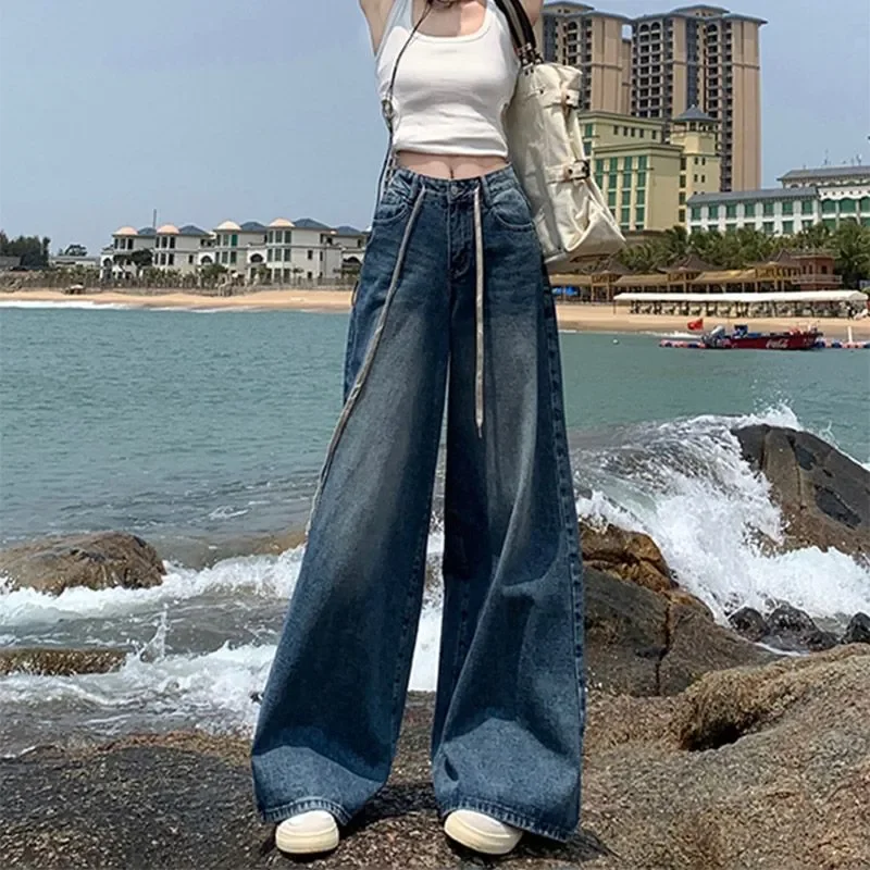 Womens Drawstring Wide Leg Jeans Loose Casual Washed Denim Floor Length Pants