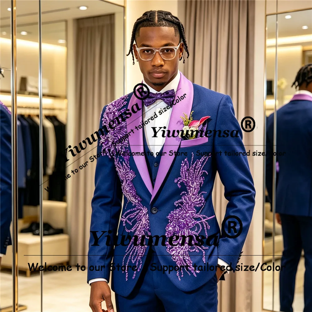 Luxury Beaded Stones Suits Men 3 Pieces Sets Exclusive Design Purple Satin Prom Blazers Customized Groom Dinner Party Outfits