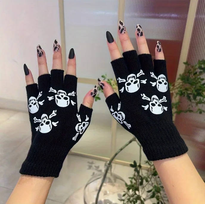 4/2 Pairs of Randomly Assorted Halloween-Style Skull Half-Finger Gloves, Outdoor Cycling Warm Knitted Short Gloves