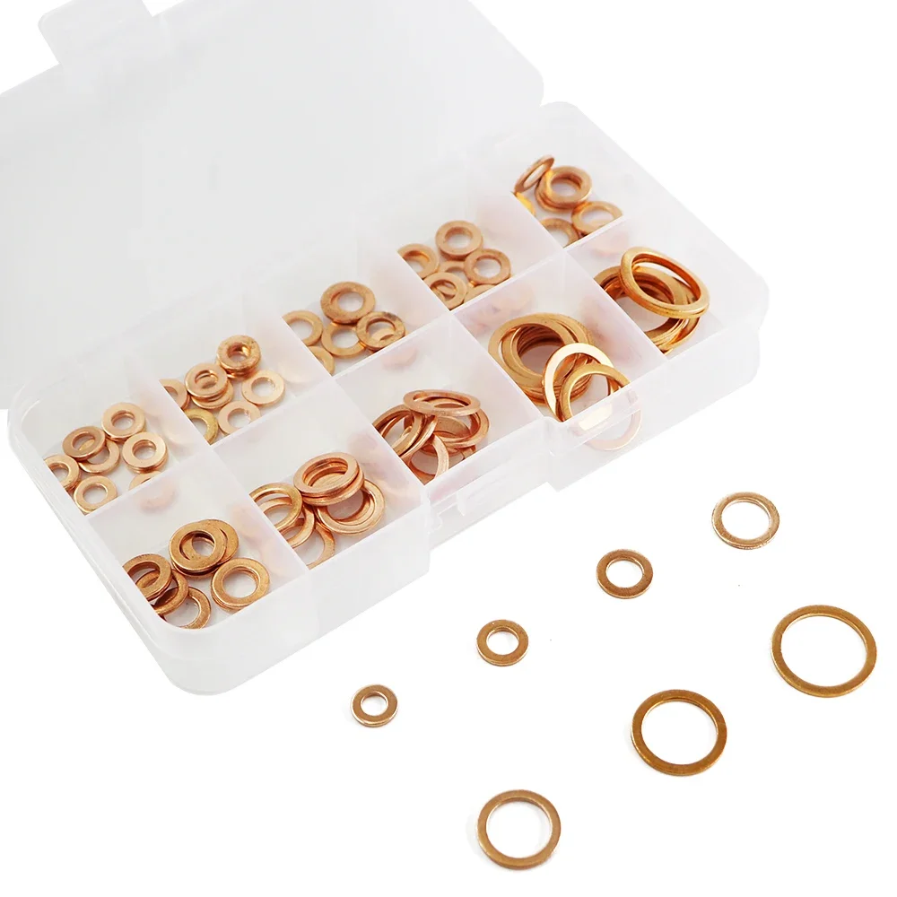 Kupfer Unterlegscheibe 100PCS Dichtung Mutter Und Bolzen Set Flache Ring Dichtung Sortiment Kit Mit Box M4/M5/M6/M8/M10/M12/M14 Für Sump Stecker