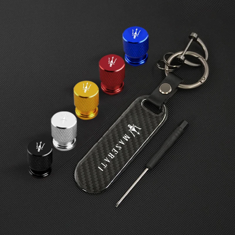 Car Carbon Fiber Key Chain with Wheel Tire Valve Caps For Maserati Quattroporte Spyder Levante Coupe GranTurismo Accessories