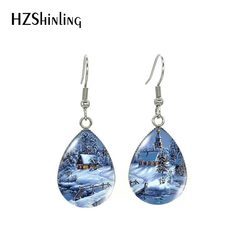New Famous Oil Painting Beauty Scenery Print Tear Drop Dangles Handmade Landscape Paintings Fish Hook Earrings
