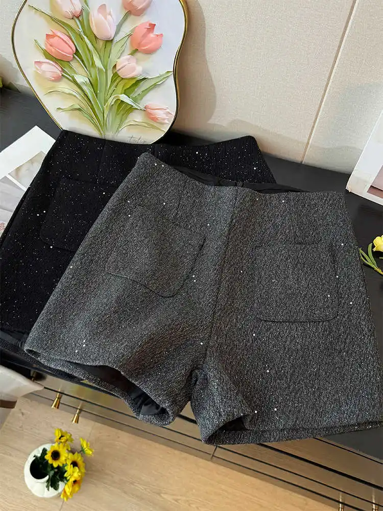 

Tweed Thicken Shorts Women Autumn Winter Fashion High Waist A-line Short Office Lady Wear Elegant Sequins Wide Leg Shorts