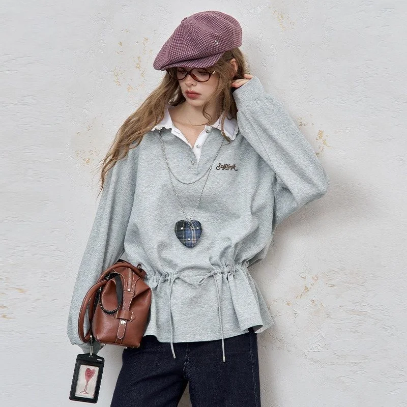 Women New Thin Spring Autumn Drawstring Design Embroidered Loose Lapel Top Girls Fashion Korean Style Versatile Blouse