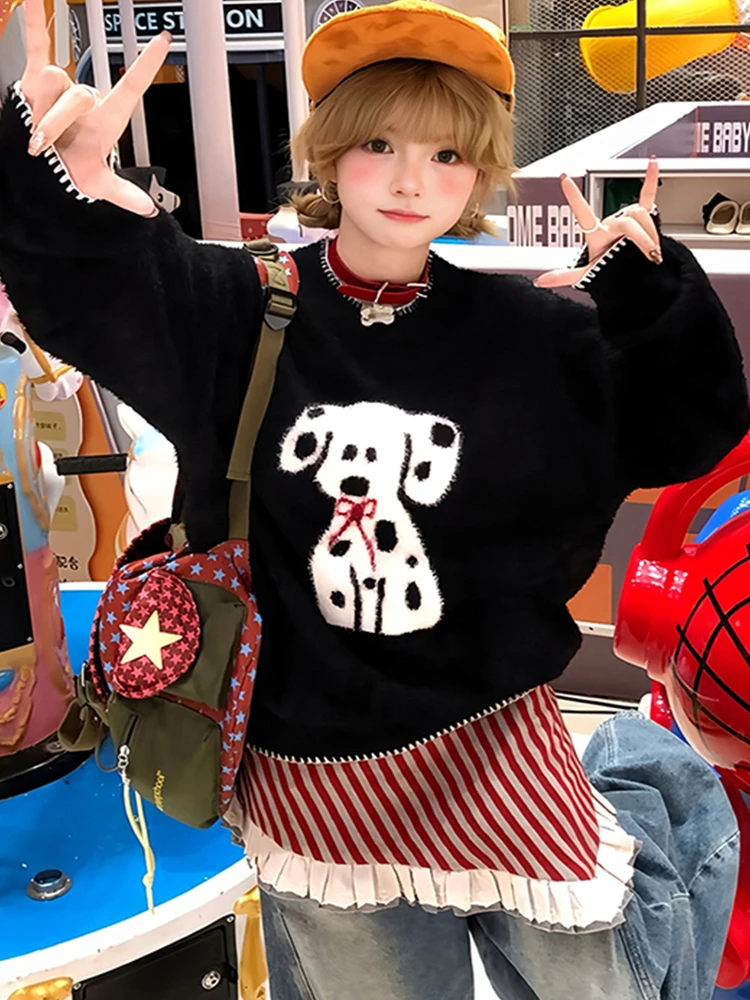 

Retro American Knitted Sweater Women's Loose Lazy Sle Soft Cozy Spot Dog Embroidery Bla Long Sve round Ne Top