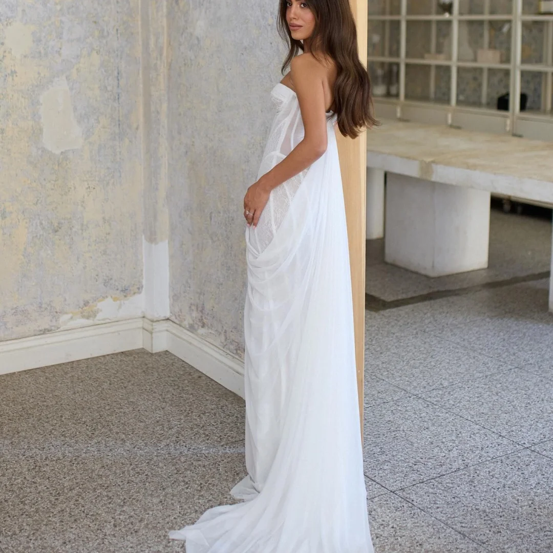 Amanda personalizado blanco sin tirantes vestido de fiesta sin espalda sin mangas vestidos de noche hasta el suelo noche Formal 2025