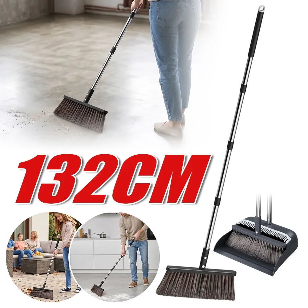 Besen- und Kehrschaufel-Set, Verstellbarer Langstiel-Besen, 180 Grad Drehbarer Kehrer, Bodenreinigungswerkzeug, Langlebiges Bodenreinigungswerkzeug für Zuhause, Innen- und Außenbereich,