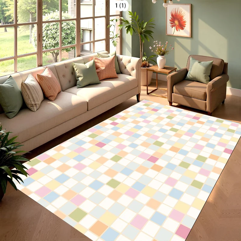 Vibrant Checkered Area Rug Pastel Color/Orange/Blue Grid Carpet for Living Room Bedroom Modern Home Decor Non-Slip Floor Mat