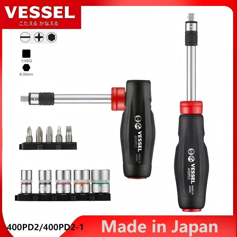 JIS VESSEL 400PD2/400PD2-1 Multifunction Socket Wrench Ratchet Screwdriver Set of 11, 1/4SQ Forward and Reverse Screwdrivers