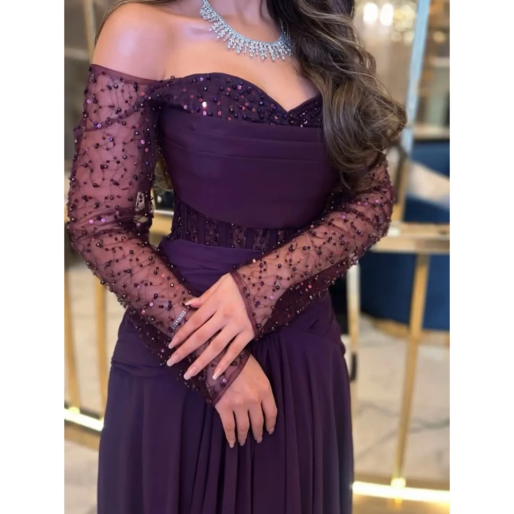 Abiti da sera viola per donna con spalle scoperte maniche lunghe con paillettes Una linea di abiti da festa lunghi formali in chiffon personalizzati