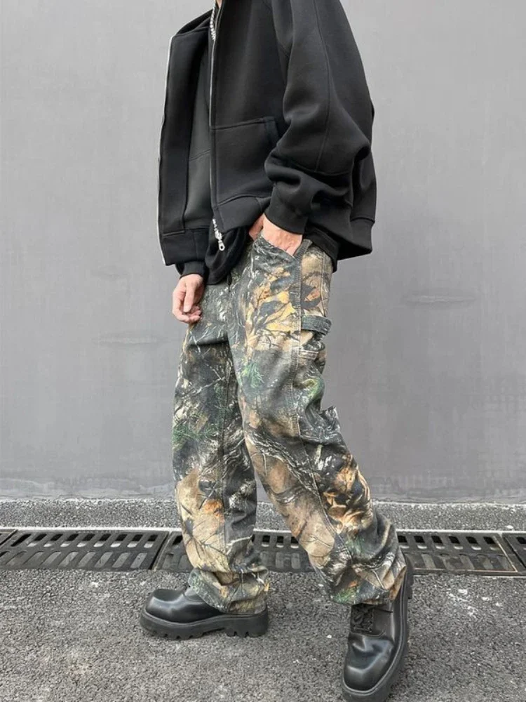 Patroon Camouflage Jeans Voor Mannen In Losse Harajuku Straight Tube Print Trendy Mannen En Vrouwen Hip-Hop Broek