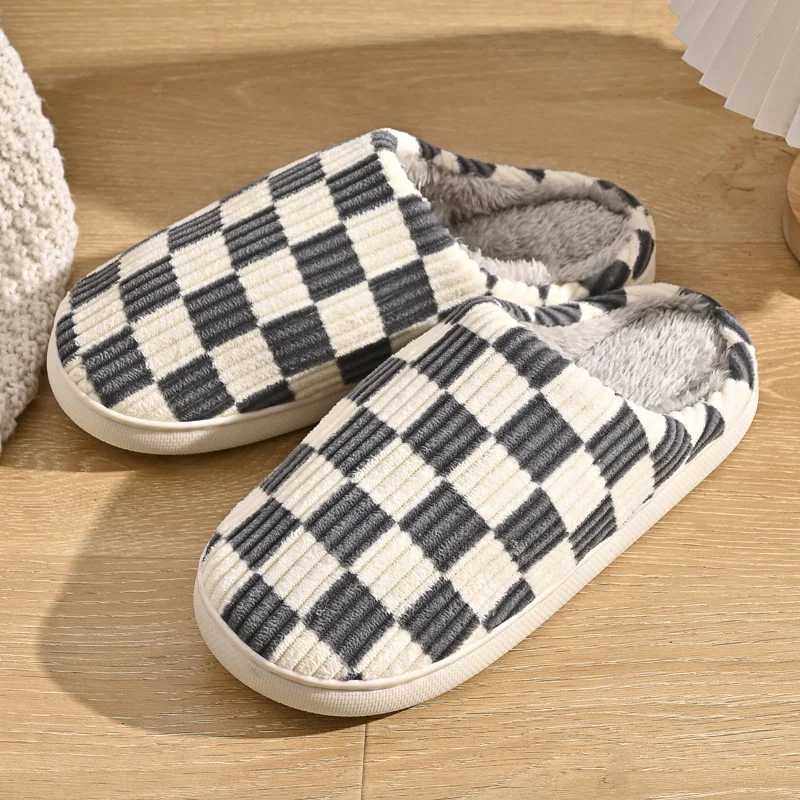 Shoes For Women Winter Home Slippers Checkered Faux Fur TPR Light Sole White Black Chessboard Plaid Shoes Best Gift Woman Shoes