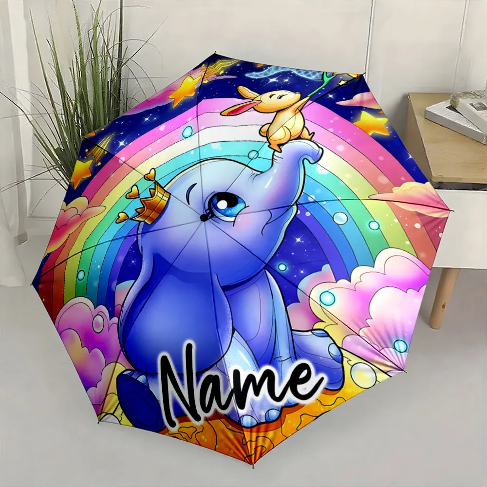 Custom Name  Cute Elephant and Rainbow Printed Umbrella Print 8 Iron Ribs Folding Umbrella Auto-Open Fashion Sunshade