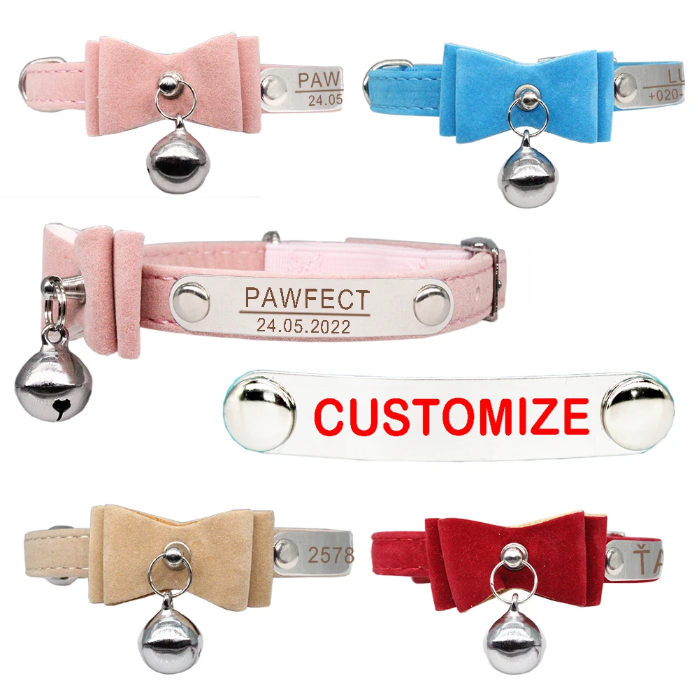 Bow Custom Cat Collar Personalized ID Adjustable Safety Soft Velvet with Bell Dog Collar Free Engraving Puppy Kittens Necklace