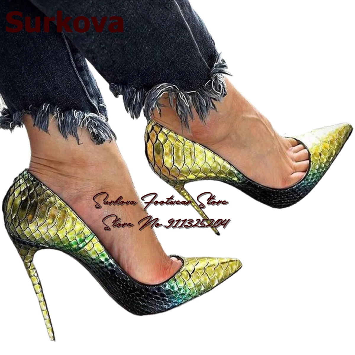 Surkova Yellow Dark Green Gradient Snakeskin Pointed Toe Shoes 12cm 10cm 8cm Sky High Stilettos Shallow Dress Pumps Dropship