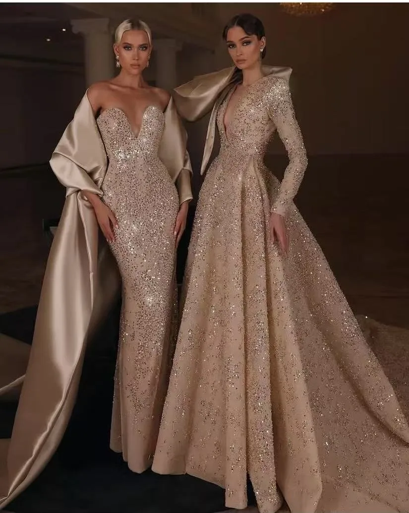 Luxury Arabic Maxi Dress Sequin Formal Dress Champagne Bow On Shoulder Floor Length Gorgeous Dubai Prom Gowns Long Sleeves