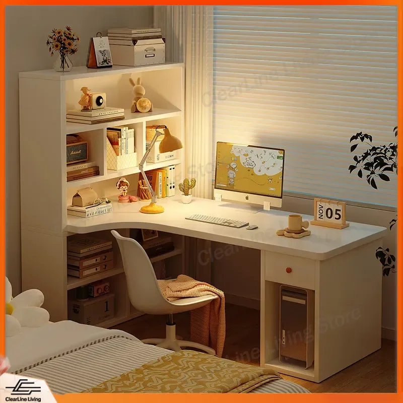 

L Shaped Corner Desk with Bookshelf Computer Desk Writing Table Makeup Vanity Dresser for Bedroom Girls Study Office Home